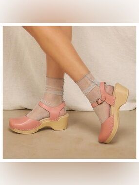 Dansko Sam Mary Jane Pink Leather Platform Clogs with Ankle Strap size 9
